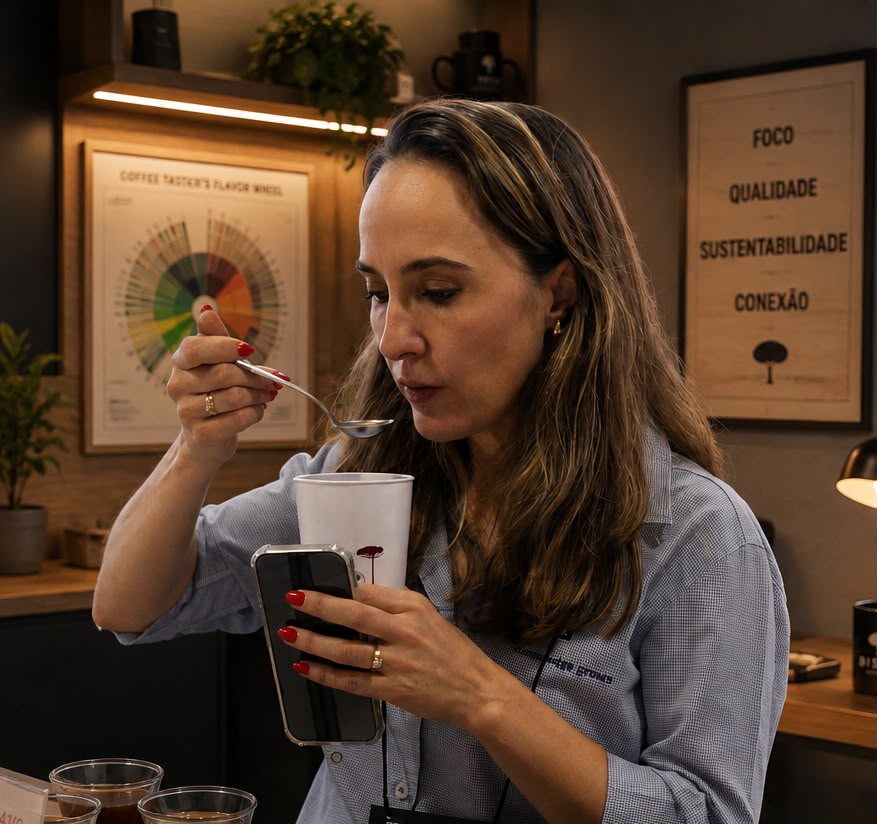Suzi Ninov avaliando um café em prova